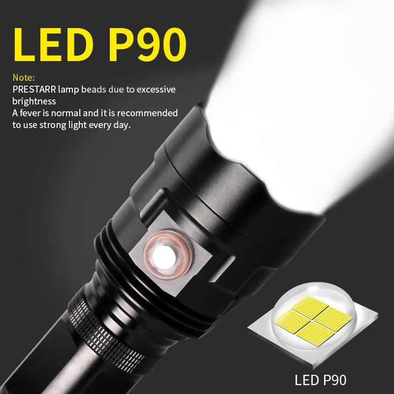 Black aluminium alloy tactical LED flashlight with a large 55mm head, shown with USB cable and yellow box.