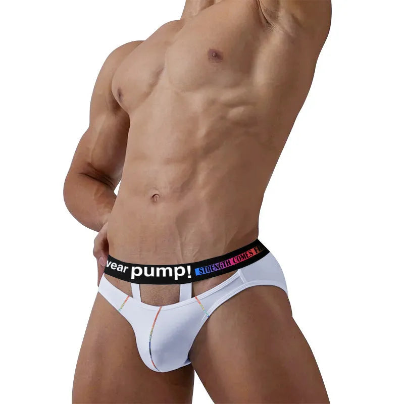Men's solid black modal briefs with low waist design laid flat