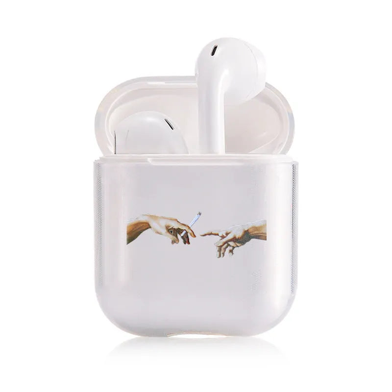 Clear transparent plastic protective cover for Apple AirPods case.