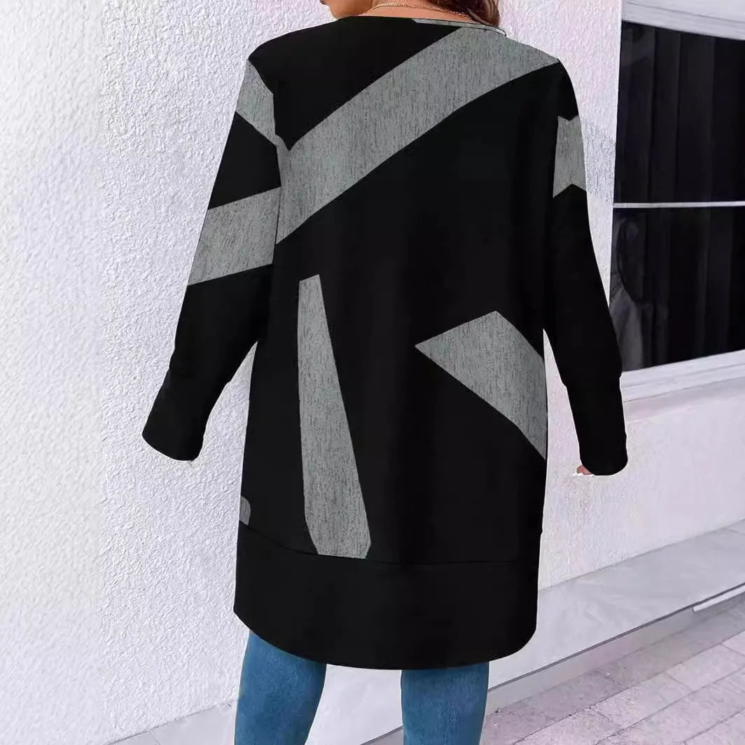 Black plus size loose fit cardigan coat with button stitching and printed details in Japanese Korean style