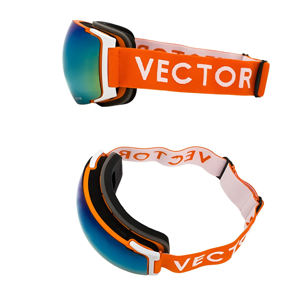 Compass ski glasses with double-layer anti-fog spherical lens and magnetic lens change system on blue background