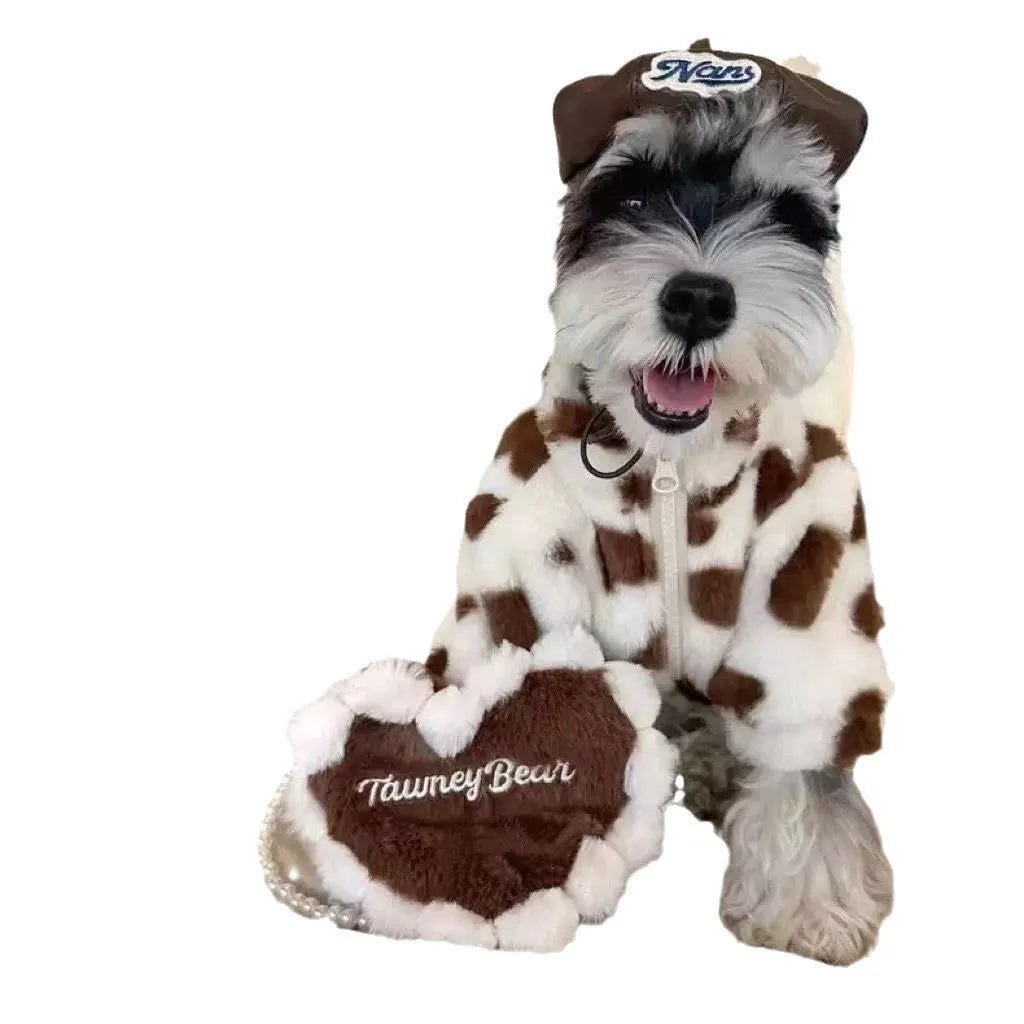 Small dog wearing pink polyester plush warm coat with British-style design