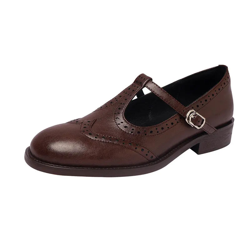 Retro round toe Mary Jane shoes for women, genuine leather upper, T-bar strap, black colour