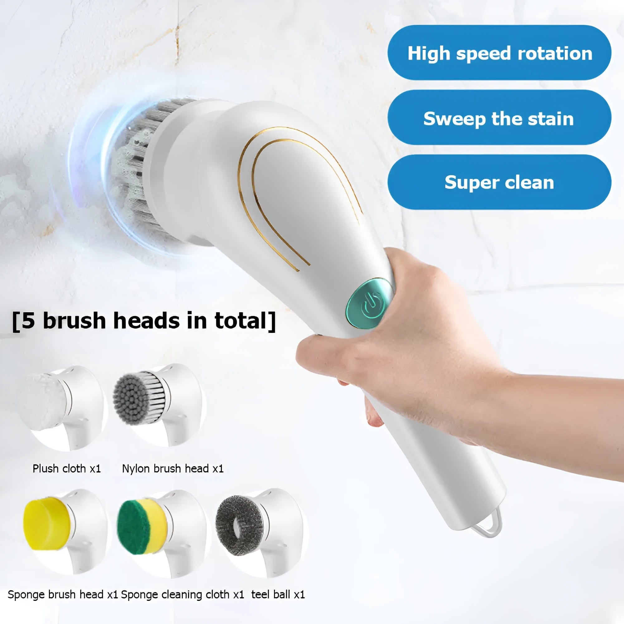 White cordless electric handheld cleaning brush with set of five different brush heads on a USB charging cable