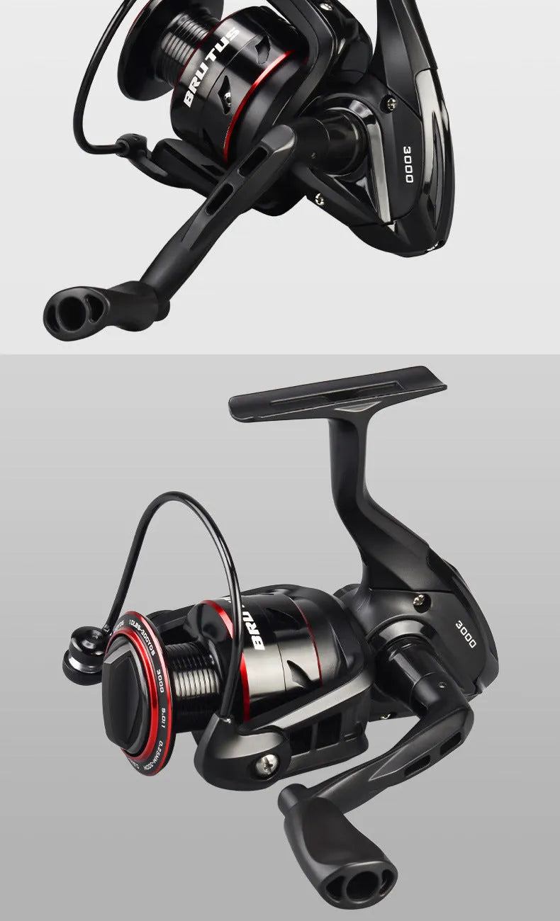All-metal spinning fishing reel shown in 2000, 3000, 4000, and 5000 series sizes for telescopic rod fishing.