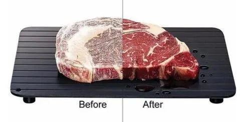 Black aluminium quick defrosting tray for thawing frozen meat and food without electricity.
