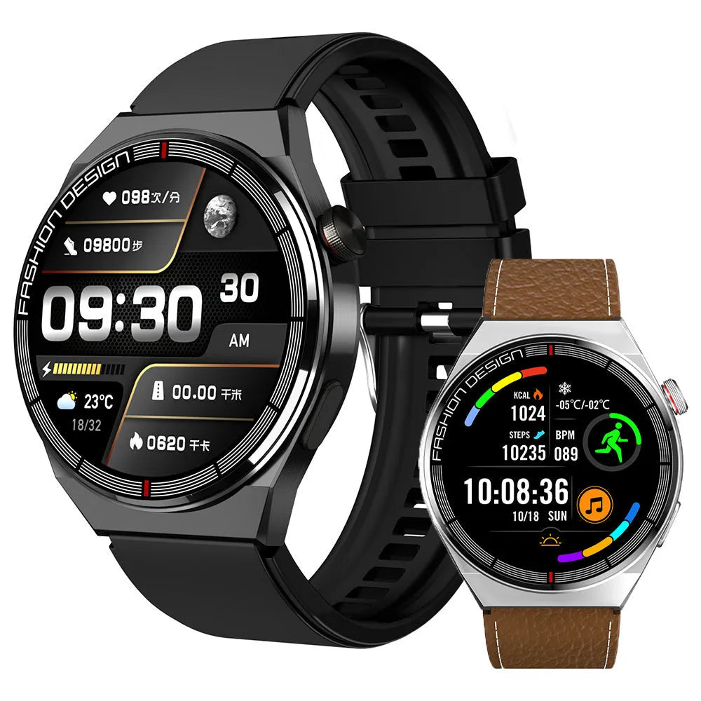 Black and silver Bluetooth smartwatch with 1.28-inch screen showing heart rate monitoring display