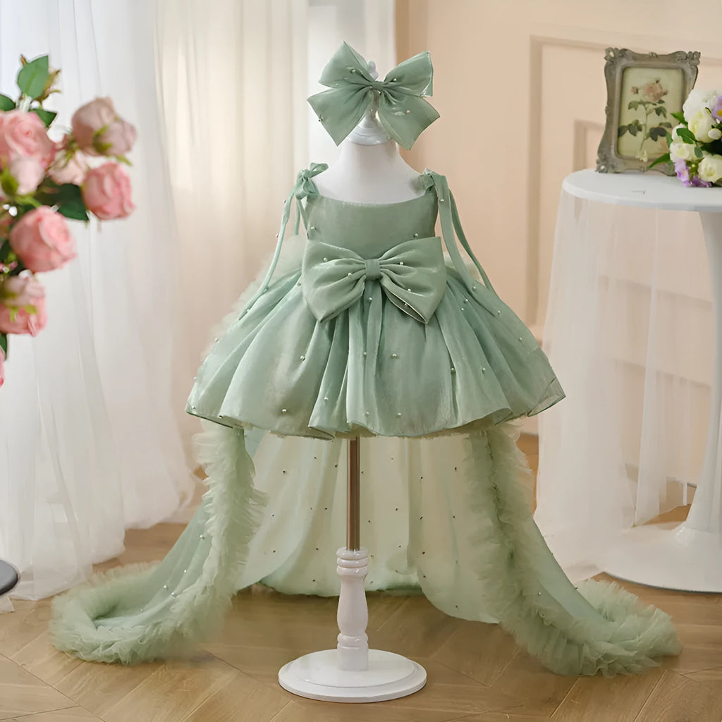 Large trailing mesh children's dress in MHA076 Green, polyester fabric, sizes 80cm to 160cm