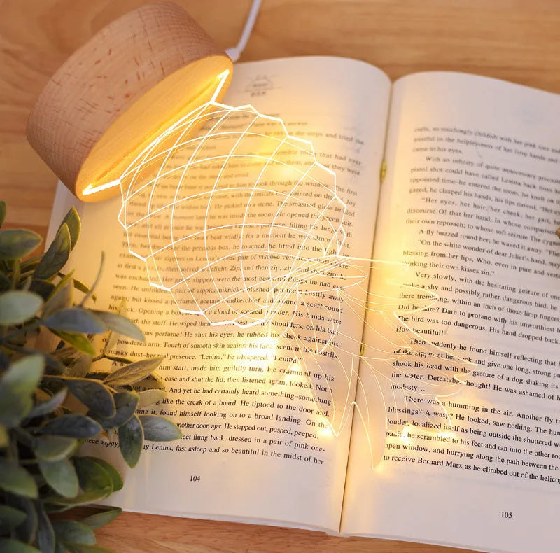 Pineapple-shaped dimmable bedside table lamp with wood and acrylic construction on a nightstand.