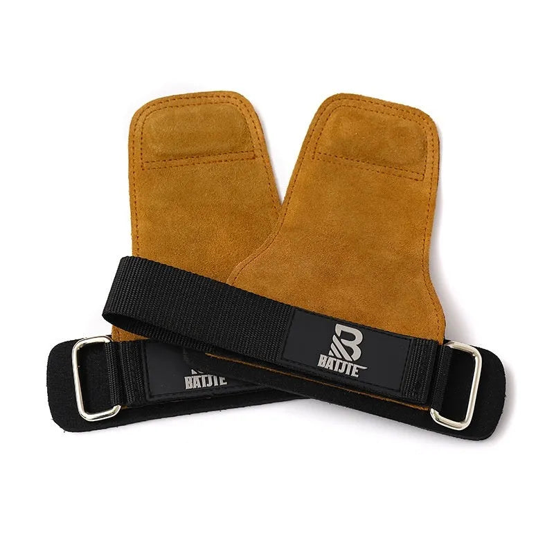 A pair of brown fitness wrist protector bands for grip strength and pull-up support.