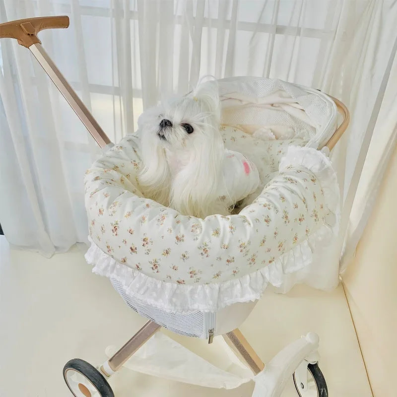 Cotton pet stroller set with anti-dirty towel, cushion, and pillow in a striped pattern.