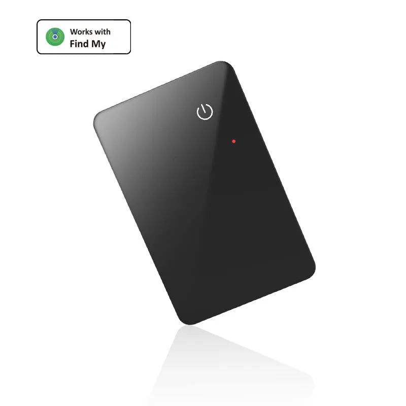 Black card-shaped pet tracker with wireless charging and NFC, showing hanging hole.