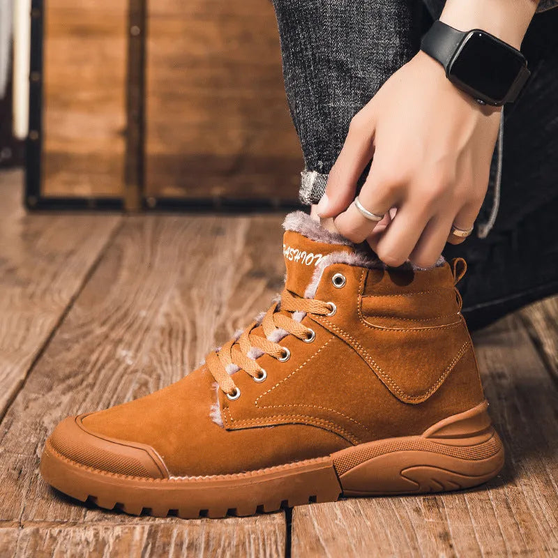 Men's winter ankle boots in matte suede with plush lining, rubber sole, and front tie closure