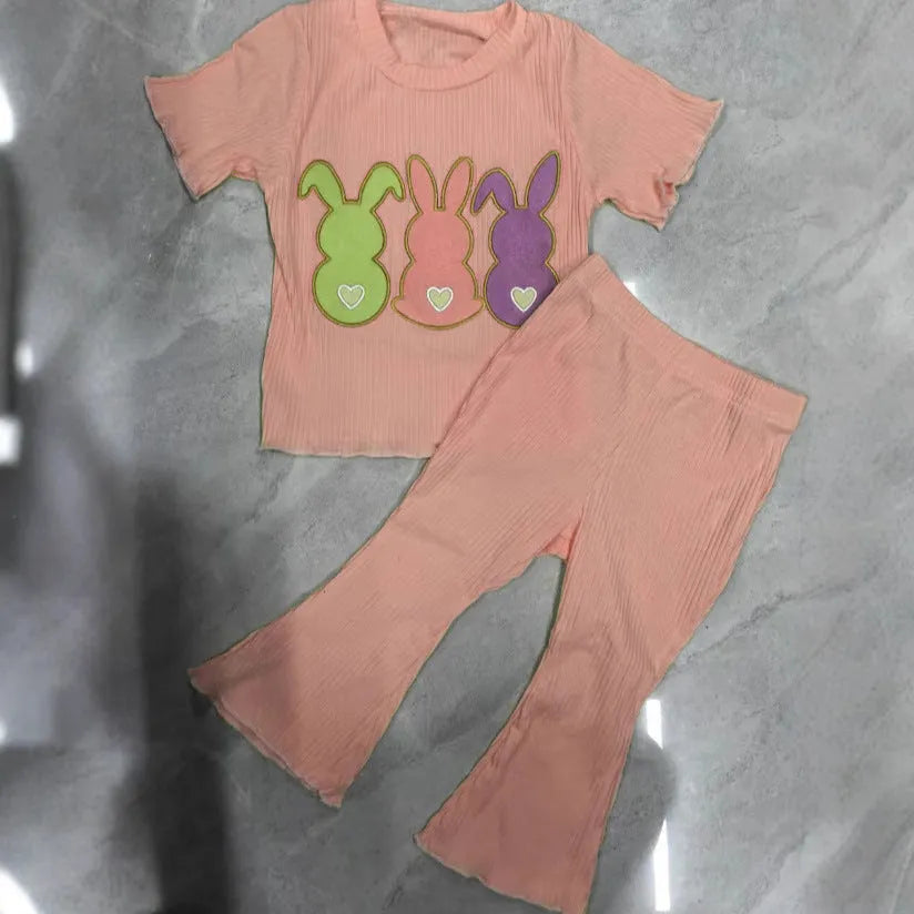 Baby girl cotton short-sleeve bell-bottom pants set with rabbit embroidery in light yellow