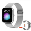 Smart watch with AMOLED screen, AI voice assistant, Bluetooth calling, heart rate and blood oxygen monitoring, available in pink, silver and black.