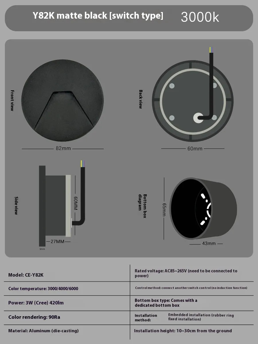 3W LED step light for indoor outdoor use, aluminium IP65 waterproof, 82mm diameter, available in black grey or white
