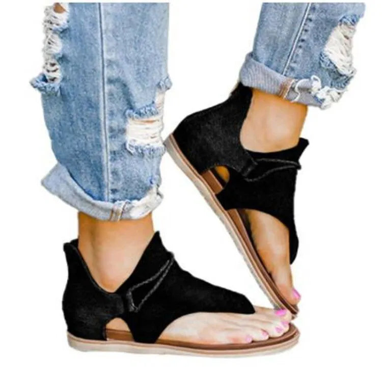 Flat plus size sandals with back zipper, leopard print, black or khaki, sizes 35-42