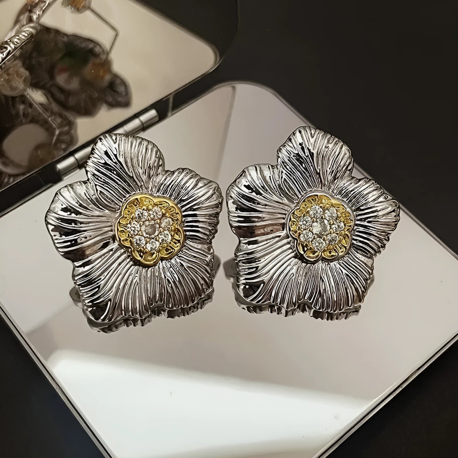 Retro textured stud earrings with gardenia camellia floral design in two-tone E3002 colour