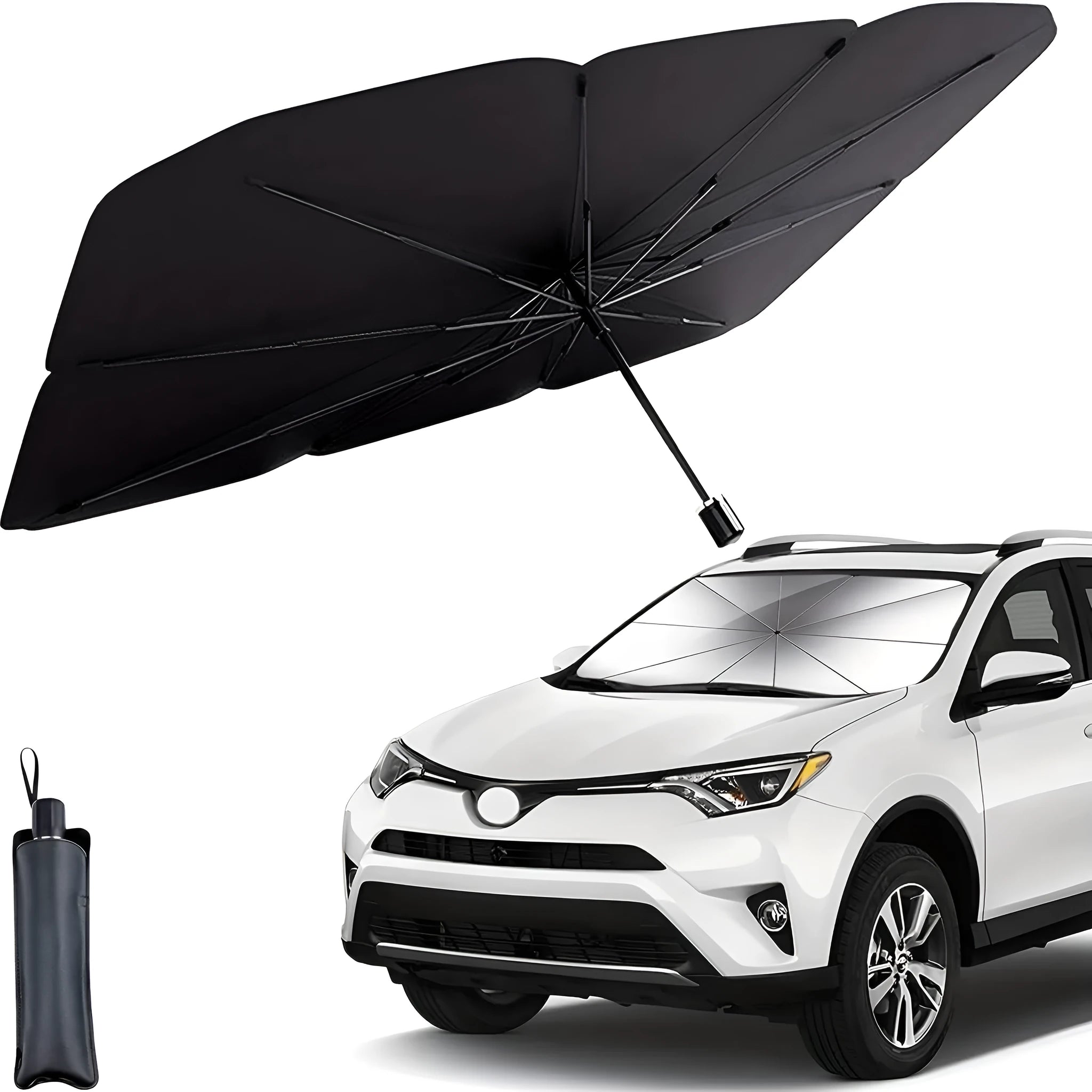 Foldable car windshield sunshade umbrella shown open and folded with automatic rebound button