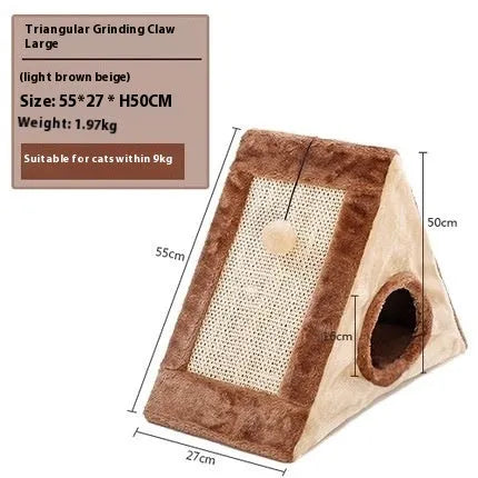 Triangle-shaped cat bed with integrated sisal scratching surfaces in grey and white colour option