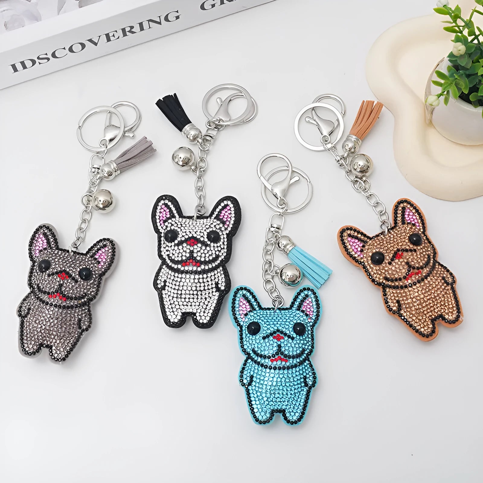 French dog rhinestone keychain pendant with animal design and tassel attachment