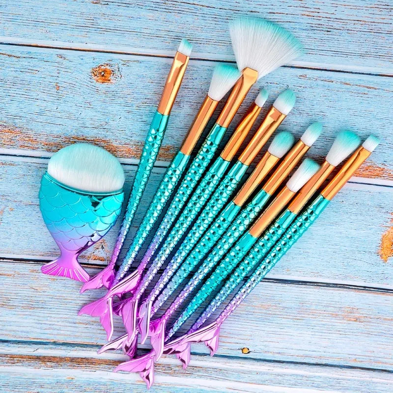 11-piece mermaid makeup brush kit with synthetic bristles, angled and tapered shapes