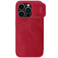 iPhone 15 imitation leather flip case in black, brown, and red colour options showing front cover design
