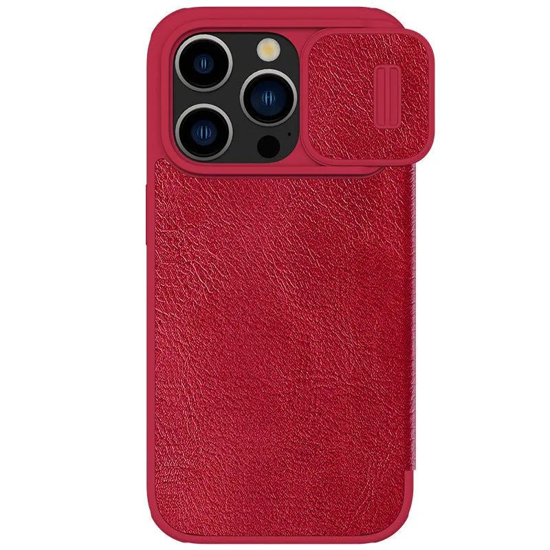 iPhone 15 imitation leather flip case in black, brown, and red colour options showing front cover design