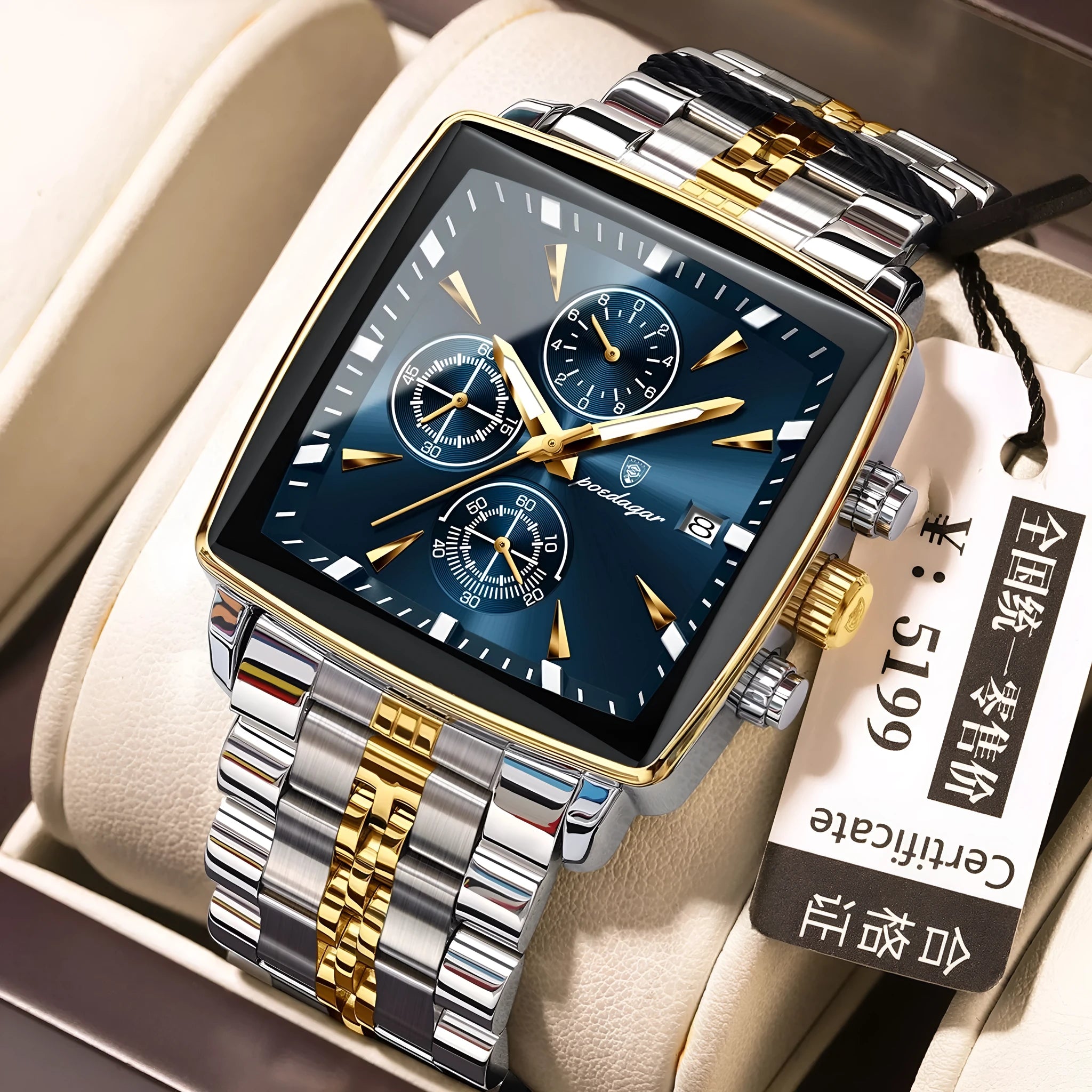 Square men's business quartz watch with stainless steel strap and mineral glass