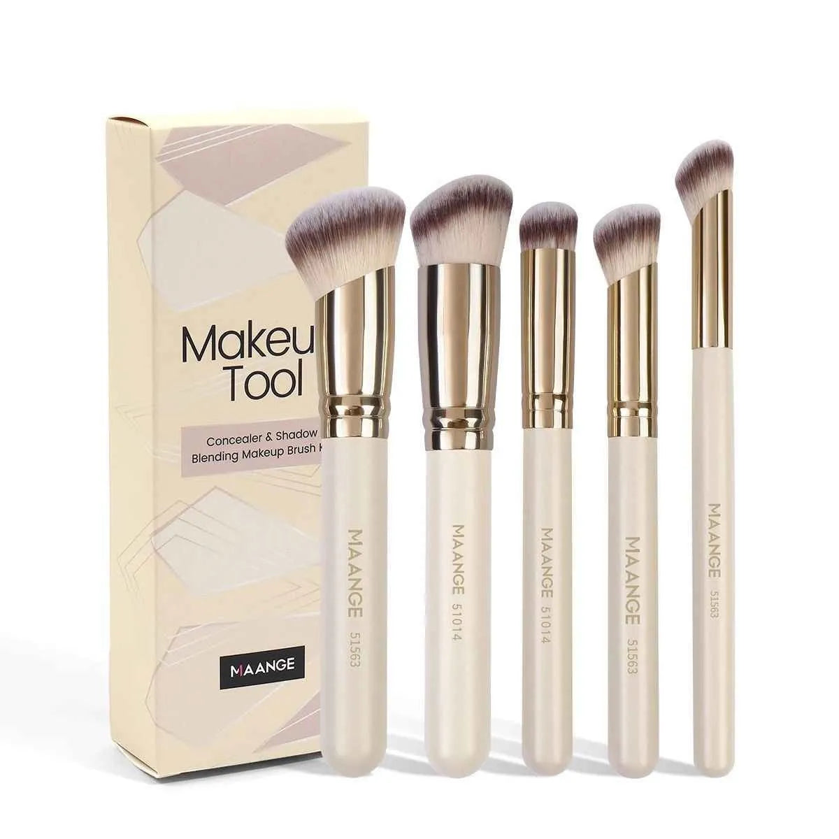 MAANGE apricot-coloured angled blush brush and four other makeup brushes on a table.