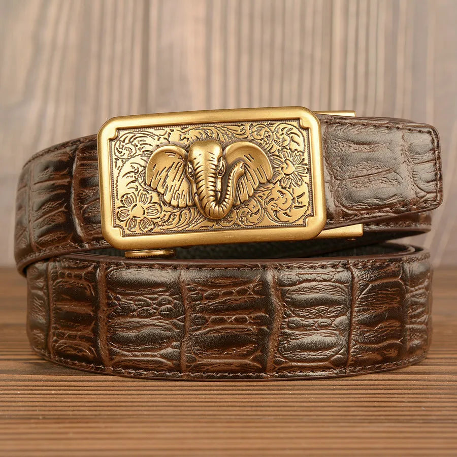 Men's automatic buckle belt, cowhide leather, black alligator pattern, gold alloy buckle, 110-125cm length