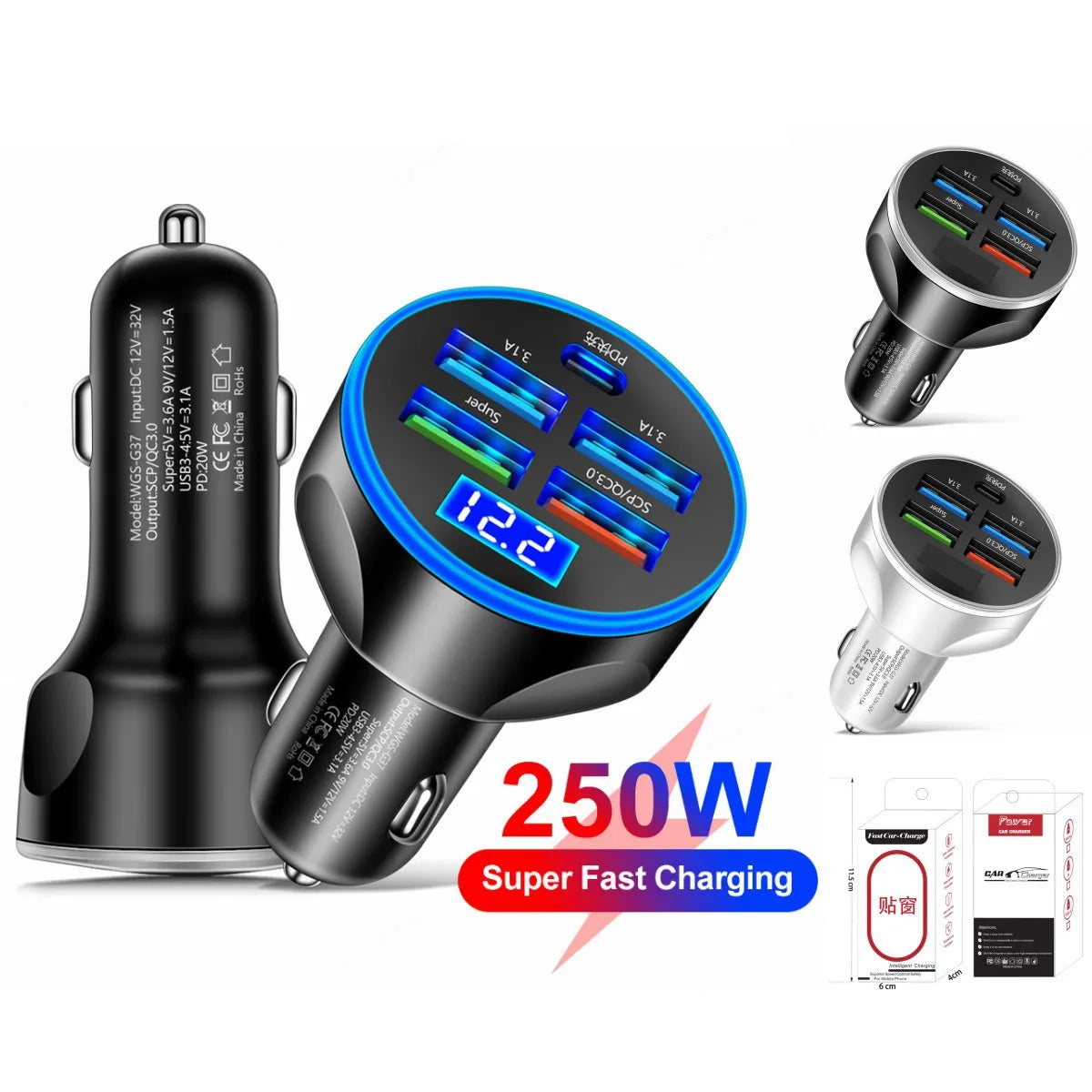 Super fast charge 5-in-1 car charger with digital display, black, USB and PD ports