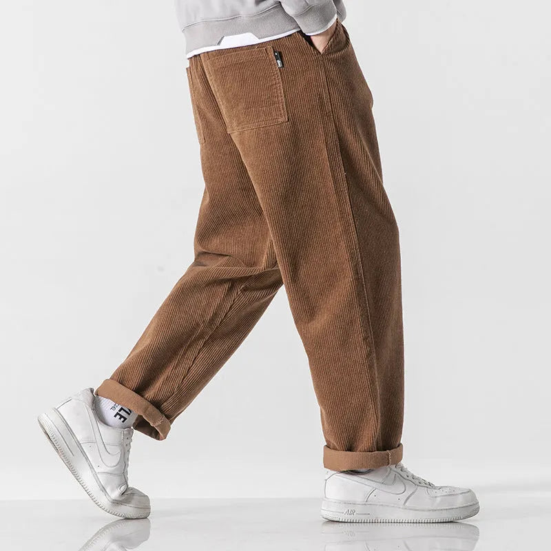 Men's loose straight corduroy sports trousers in multiple colours with mid waist design