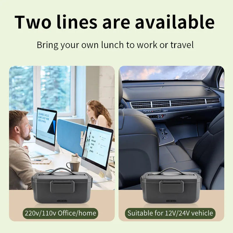 Electric heating lunch box with removable stainless steel liner, 2L capacity, dark green, blue and grey, 260x190x113mm