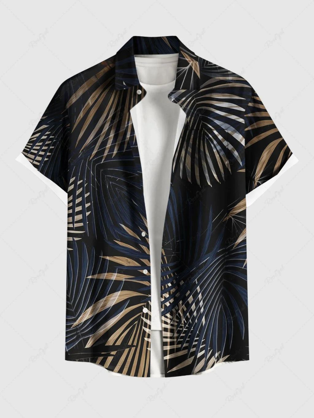 Men's striped stand collar shirt with short sleeves in loose fit cardigan style