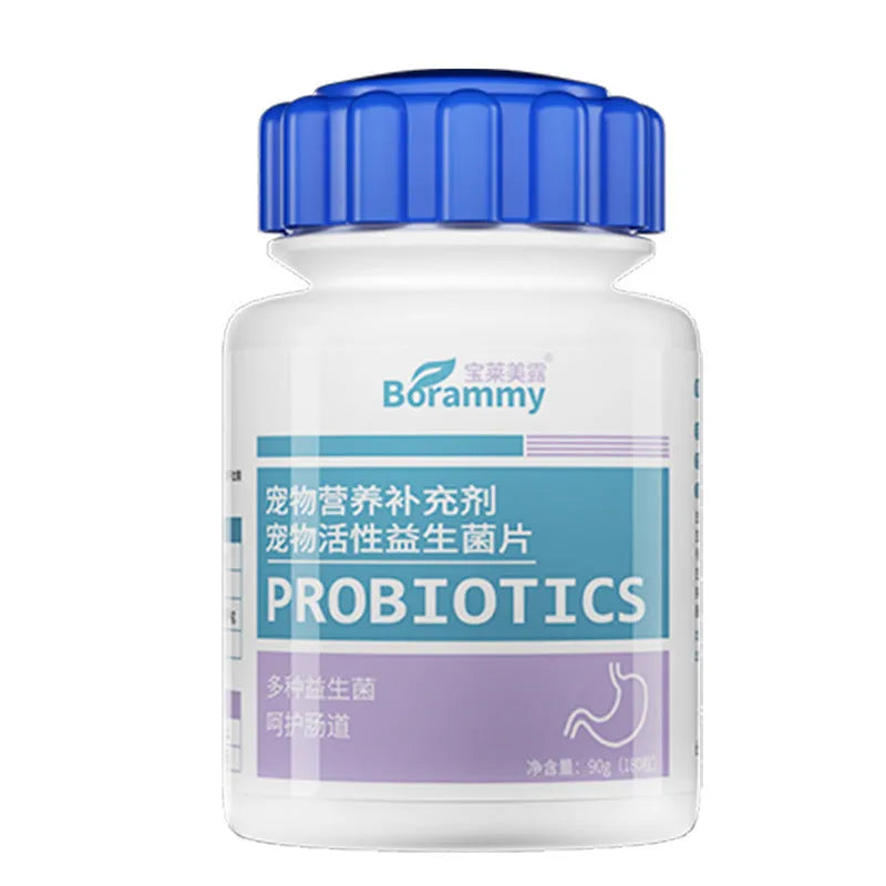 Bottle of 180 pet probiotic tablets for dogs and cats digestive support.