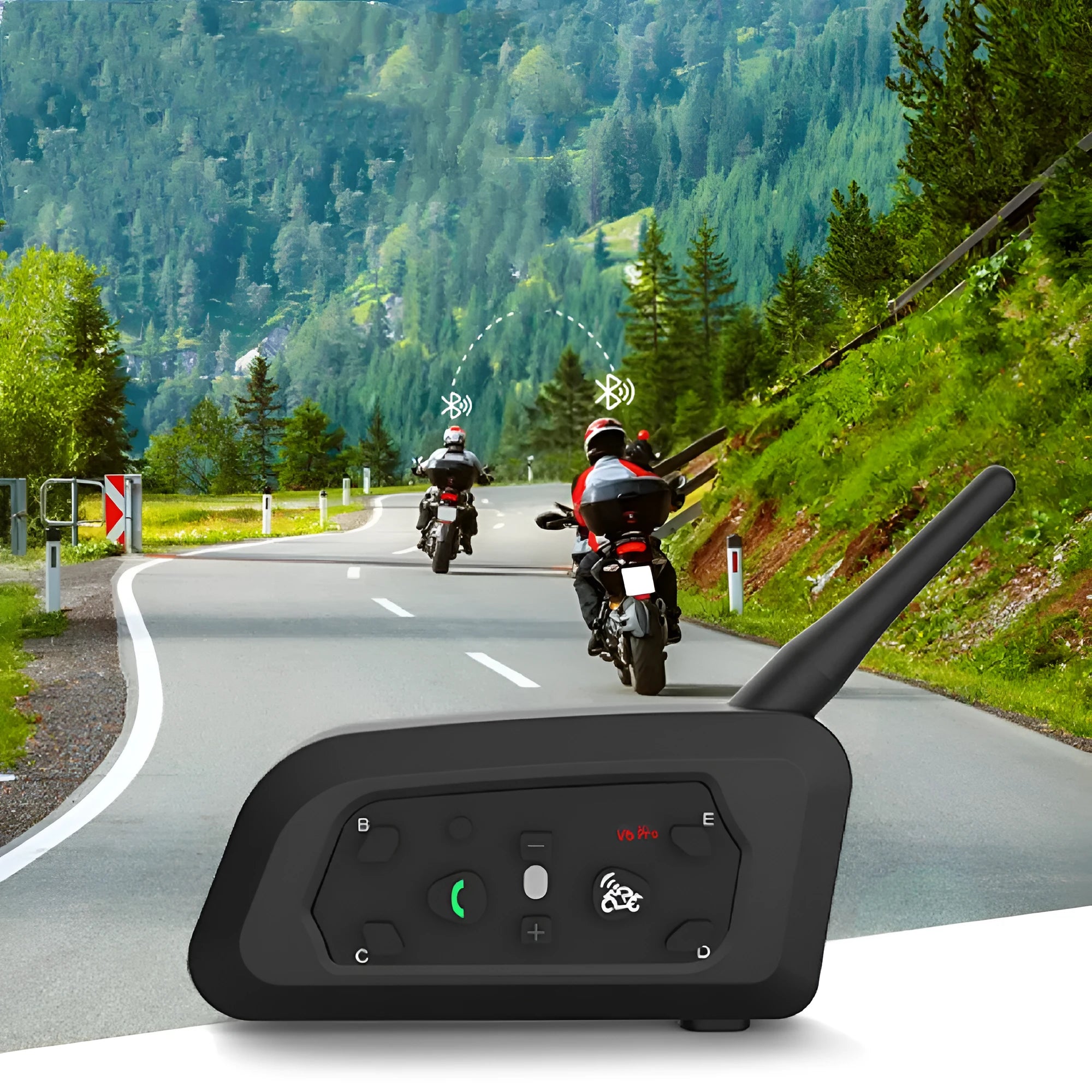V6 Pro motorcycle Bluetooth intercom unit with mounting clip and headphones