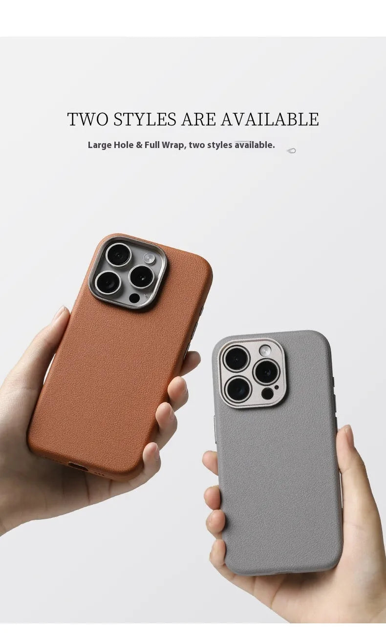 Black genuine leather iPhone case with alloy metal camera protection frame and MagSafe magnetic ring