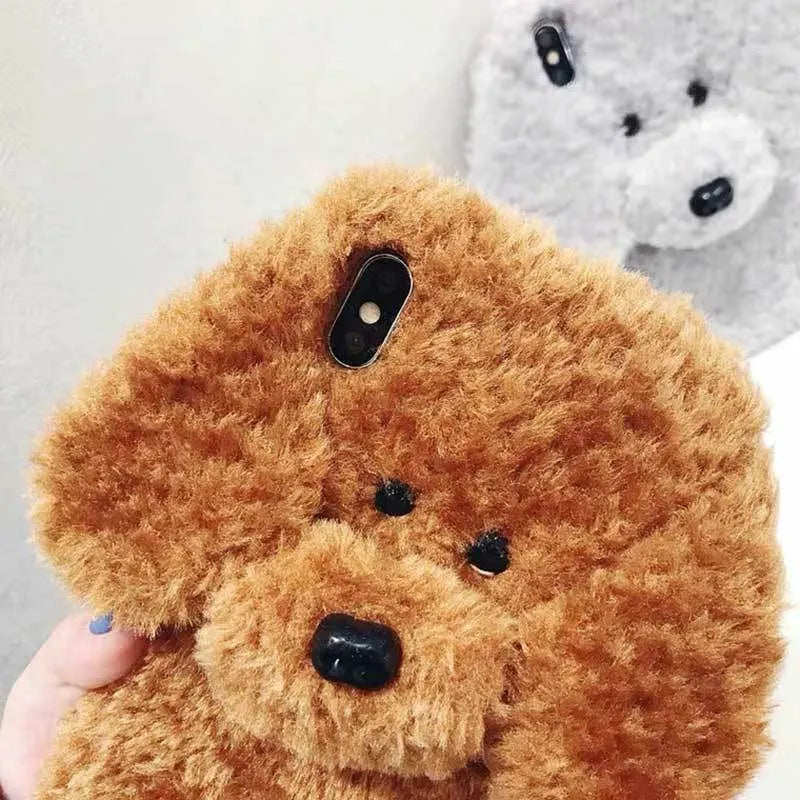 Plush teddy pet dog soft phone case for iPhone in brown colour