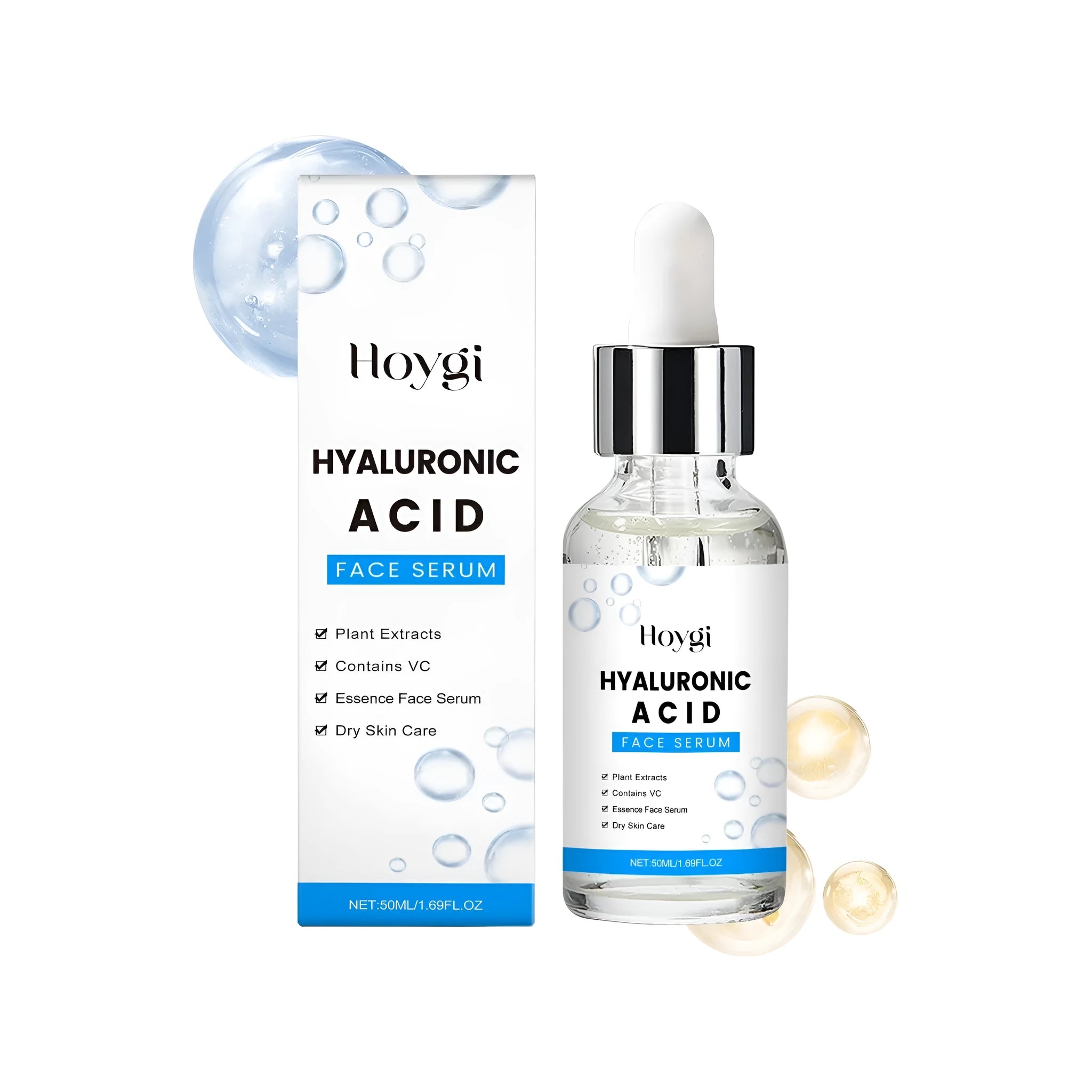 50ml bottle of clear hyaluronic acid and vitamin C face serum with Centella extract.
