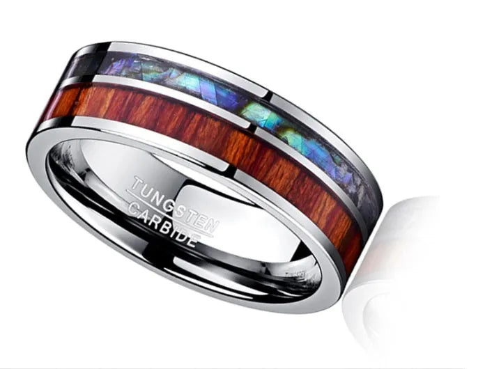 8mm wide tungsten steel ring with polished wood grain finish on a white background