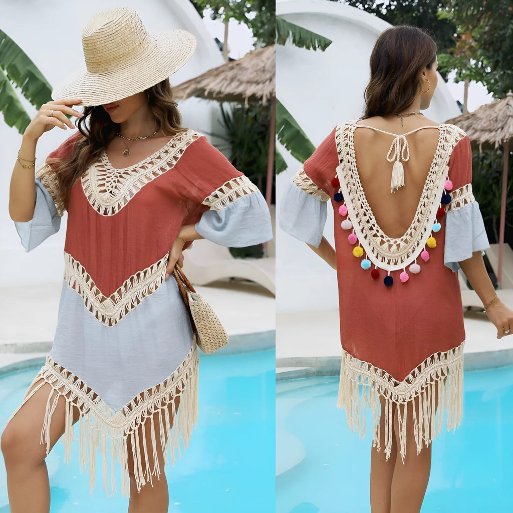 Orange hand-crocheted bamboo cotton beach overskirt with tassel trim and matching floral blouse