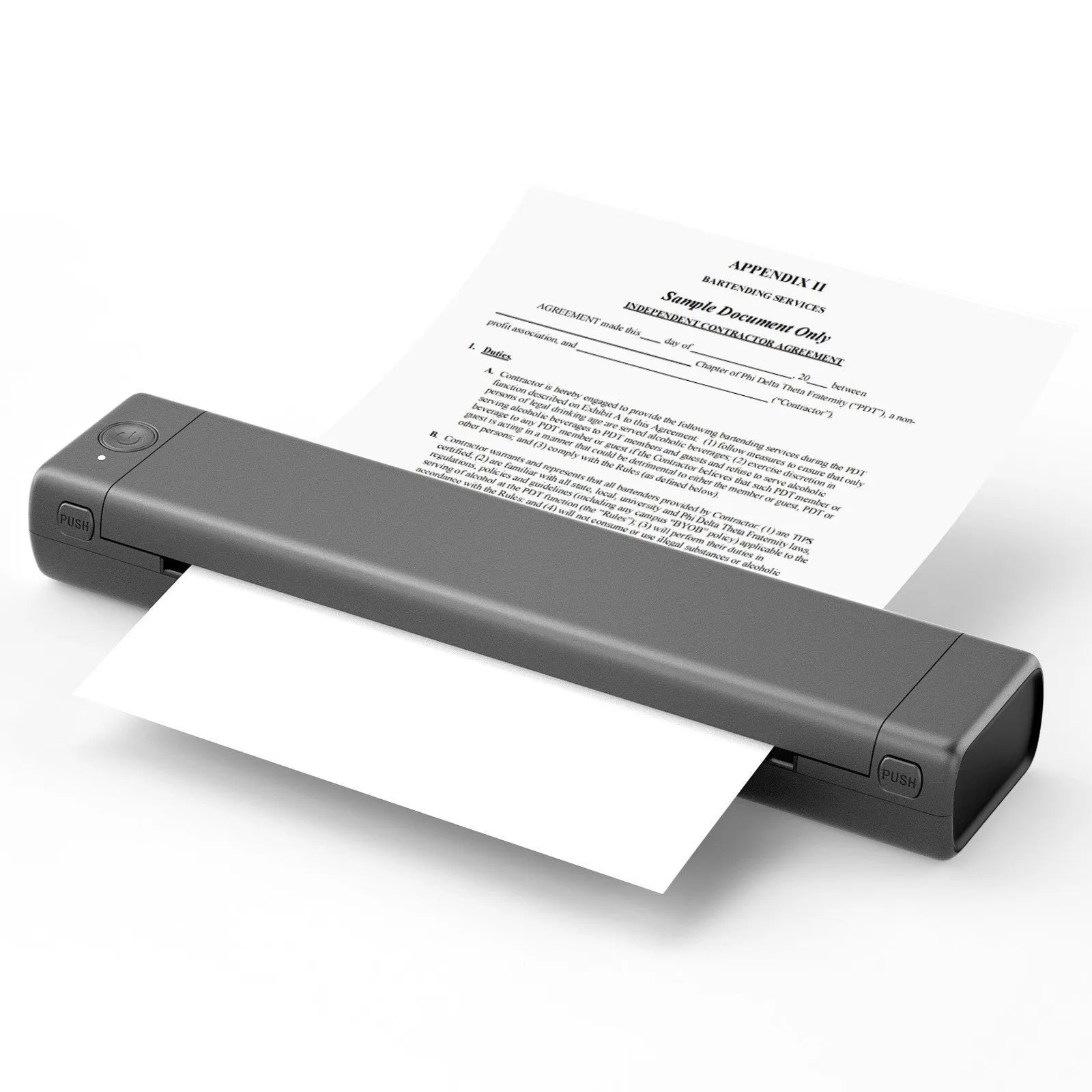 Phomemo M08F white portable A4 thermal printer on a desk next to a mobile phone.