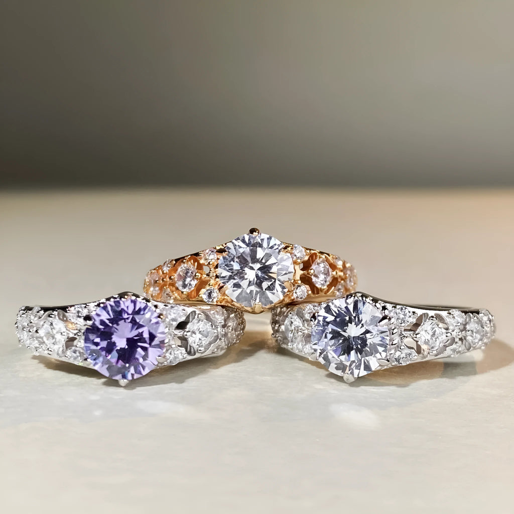 1 karat D colour round moissanite ring in silver or rose gold electroplated silver, US sizes 5 to 9