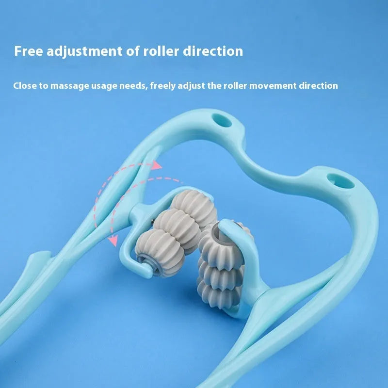 Blue plastic handheld massager with six white rotating wheels for neck and shoulders.