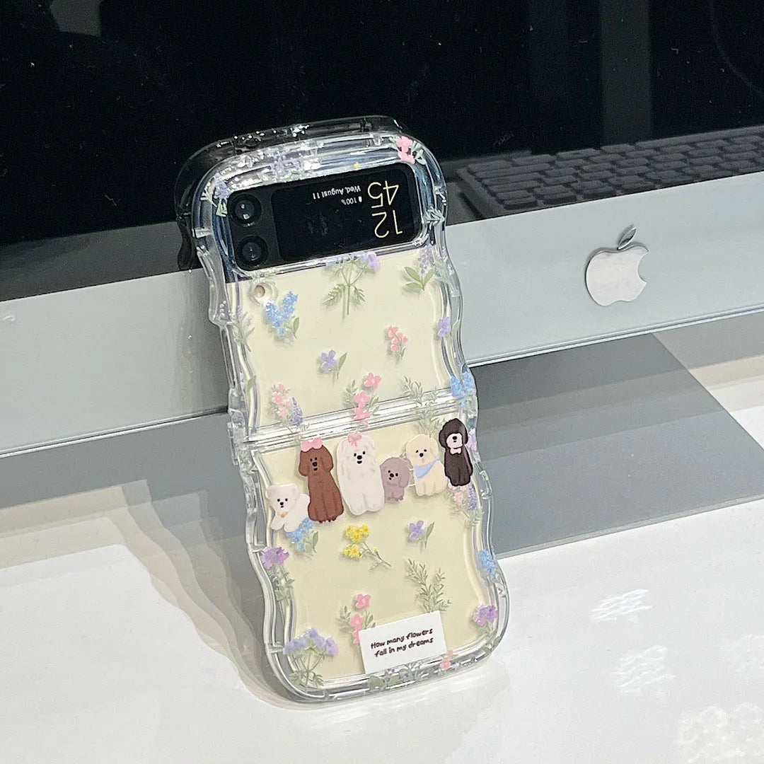Transparent TPU folding phone case with floral puppy pattern for Samsung and other flip phones