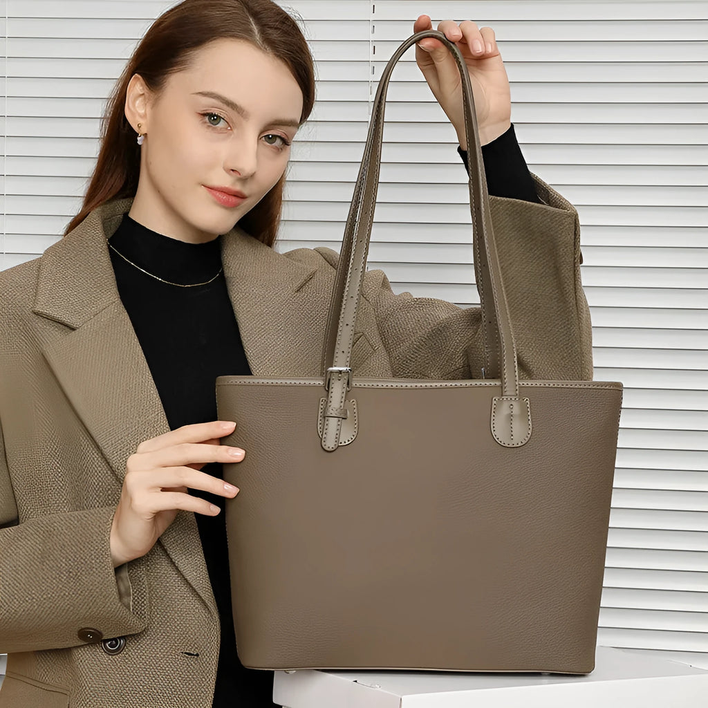 Genuine leather women's tote bag with European retro style and multiple interior compartments
