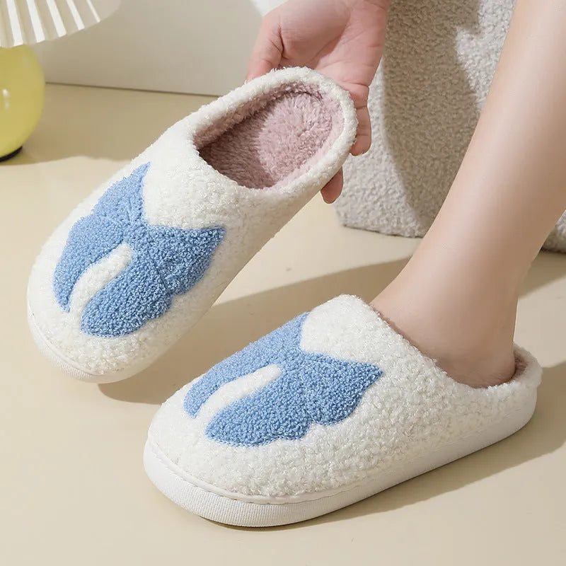 Pink and blue cartoon bow knot cotton slippers with suede upper and TPR sole
