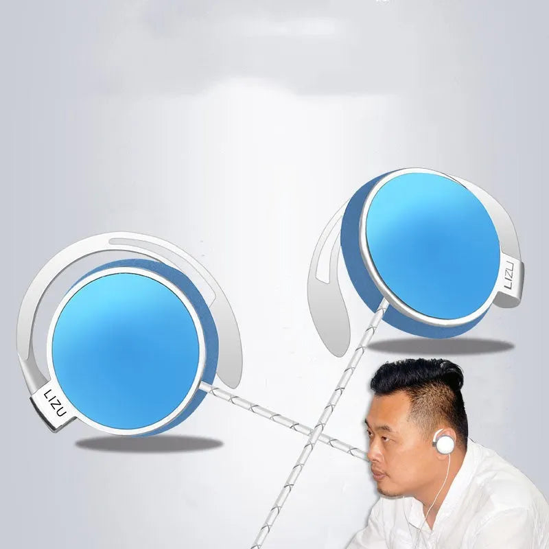 Wired ear-hook headphones with 3.5mm plug, 30mm driver, black sponge earpads, and TPE cable
