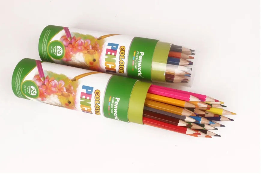 24-colour wooden crayon set in a barrel pack, each 27.4cm long, on a white background